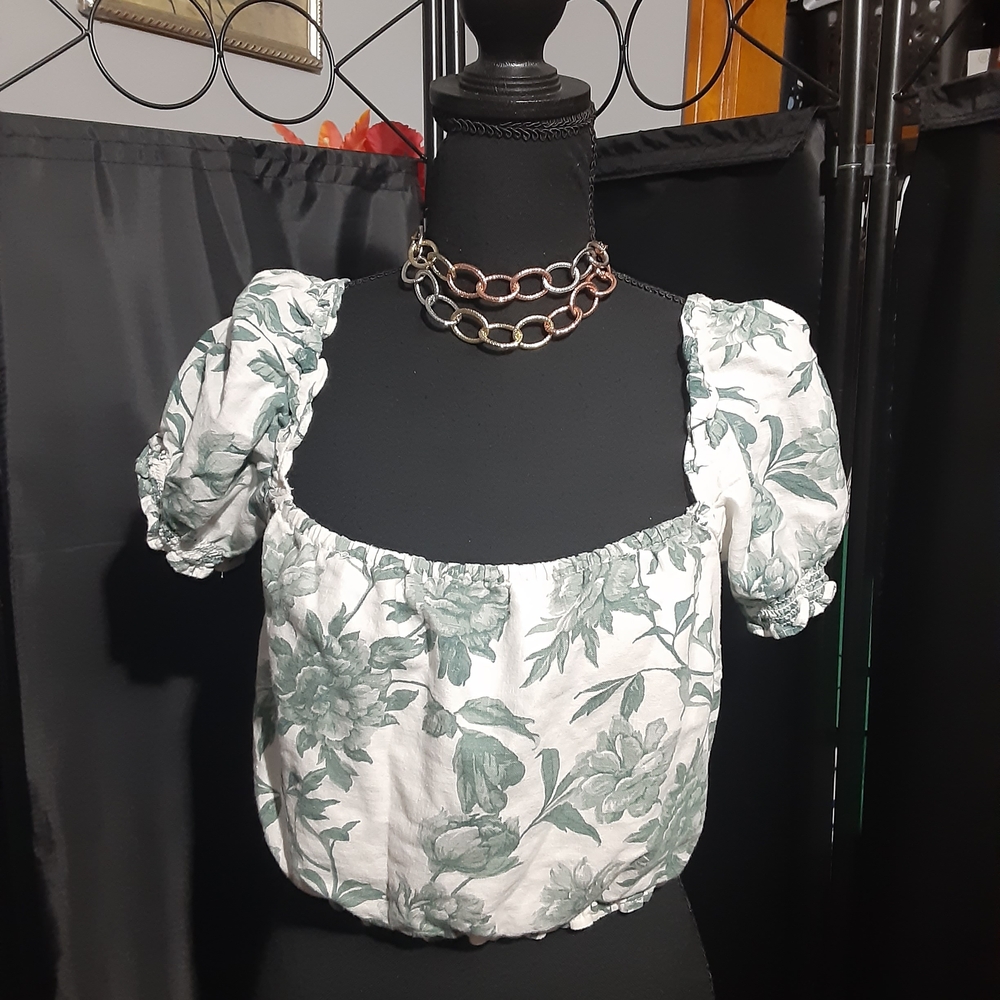Abercrombie & Fitch Linen Blend Green Floral Cropped Blouse Women's M Boho